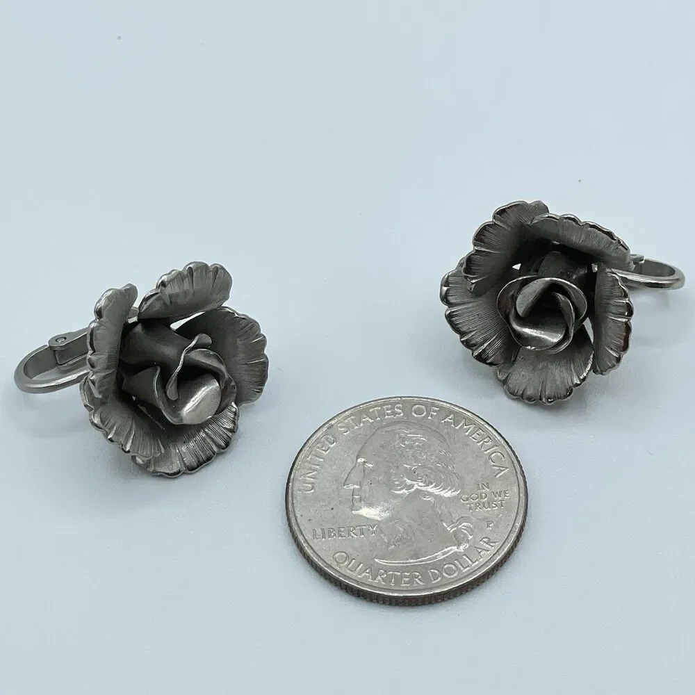 Vintage Lisner Rose Silver Tone Stud Clip On Statement Art Deco Earrings Floral